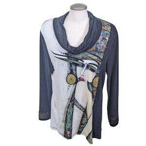 Simply Art By Dolcezza Womens Cowl Neck Tunic Top XL Woman Face Graphic Studs